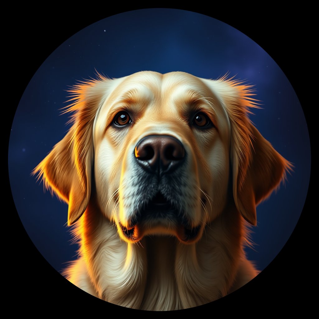 Cosmic medallion portrait of GRLS_grlsRN9QEMRR, a Golden Retriever