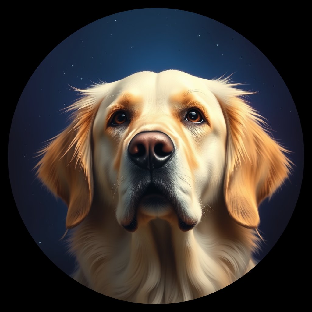 Cosmic medallion portrait of GRLS_grlsRP83F3JJ, a Golden Retriever