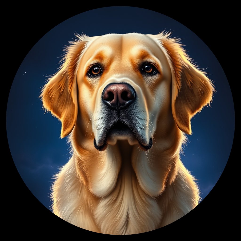 Cosmic medallion portrait of GRLS_grlsRS38IETT, a Golden Retriever