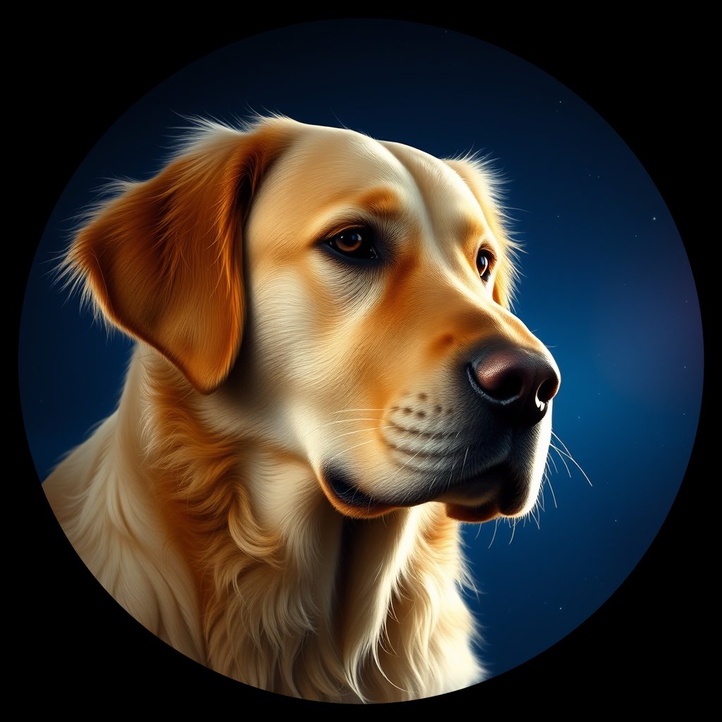 Cosmic medallion portrait of GRLS_grlsRV0M7HXX, a Golden Retriever
