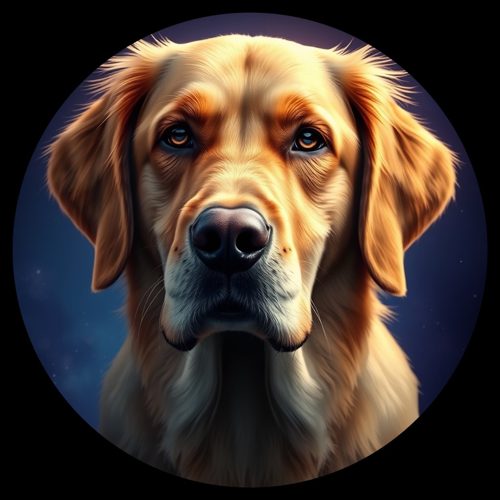 Cosmic medallion portrait of GRLS_grlsS4G6BC66, a Golden Retriever