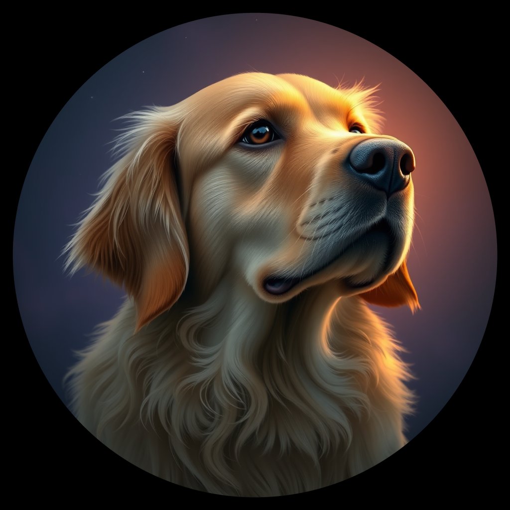 Cosmic medallion portrait of GRLS_grlsS4J8WLRR, a Golden Retriever