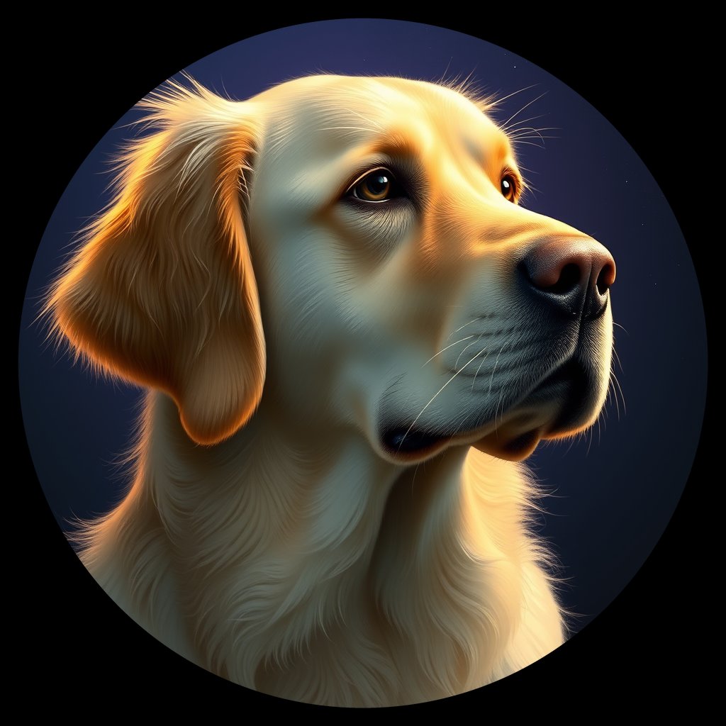 Cosmic medallion portrait of GRLS_grlsS7AZ3O33, a Golden Retriever