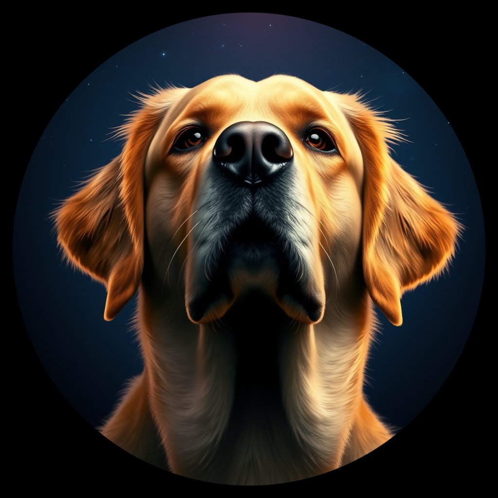 Cosmic medallion portrait of GRLS_grlsSA1TUEEE, a Golden Retriever