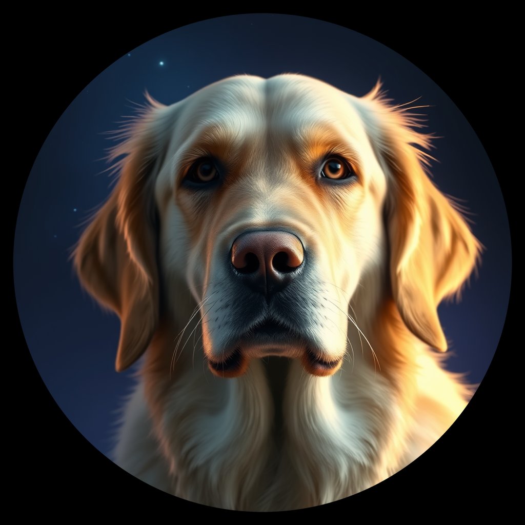 Cosmic medallion portrait of GRLS_grlsSAJ8O6TT, a Golden Retriever