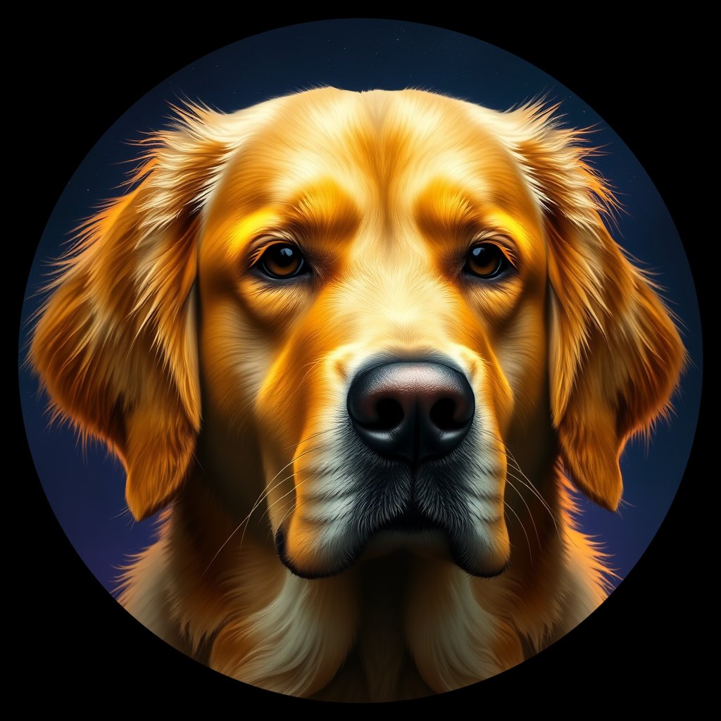 Cosmic medallion portrait of GRLS_grlsSBCGNP66, a Golden Retriever