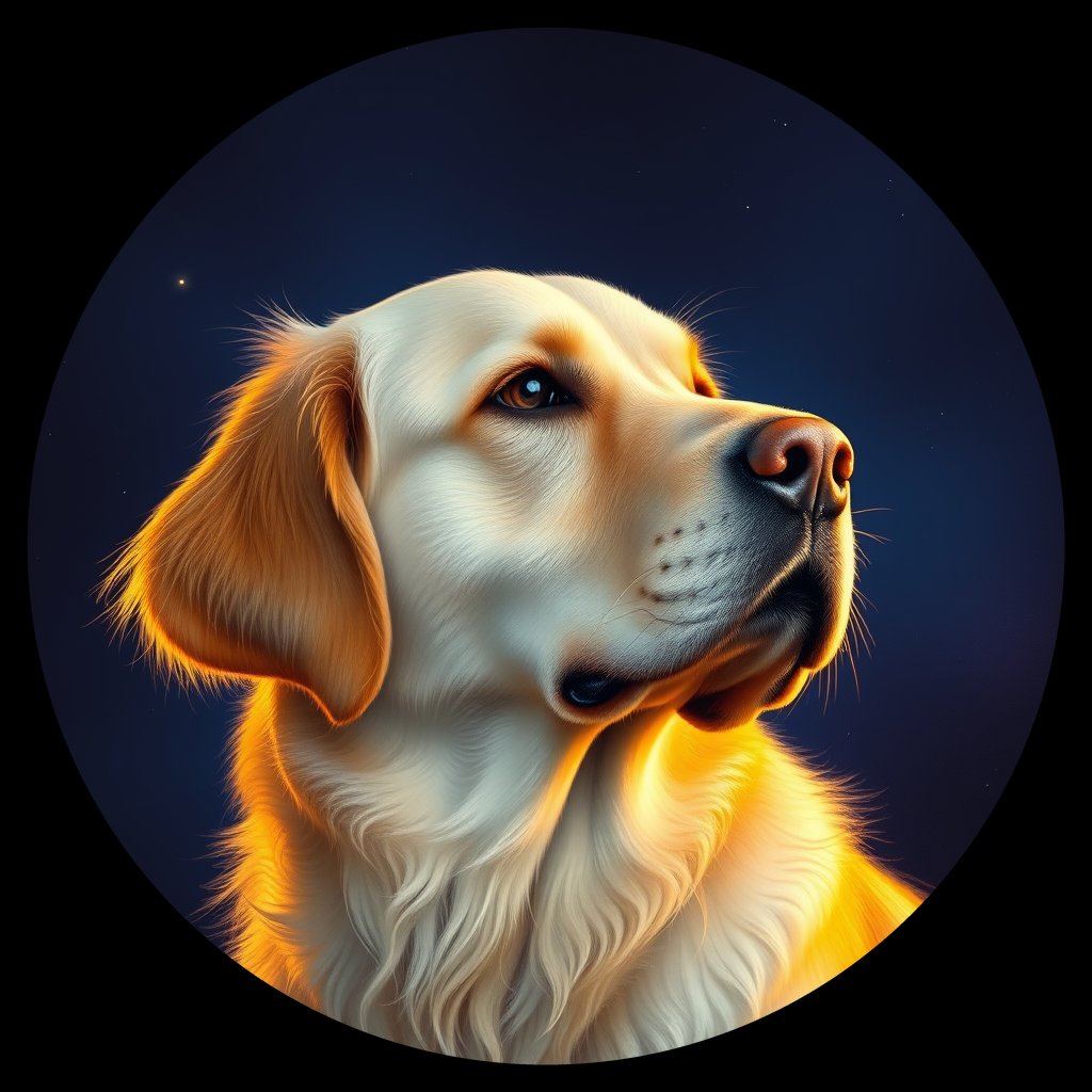 Cosmic medallion portrait of GRLS_grlsSE979DGG, a Golden Retriever