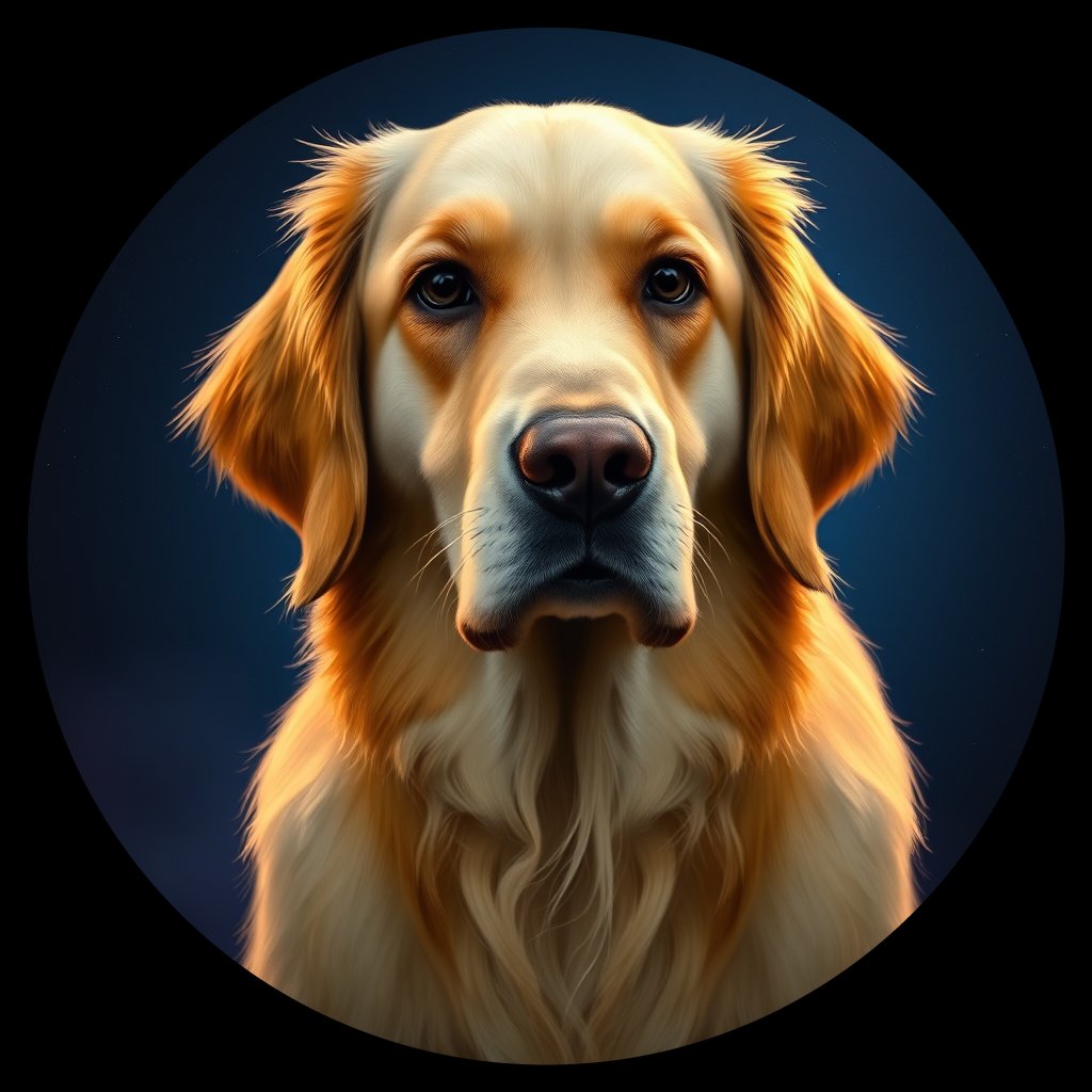 Cosmic medallion portrait of GRLS_grlsSEOXLCQQ, a Golden Retriever