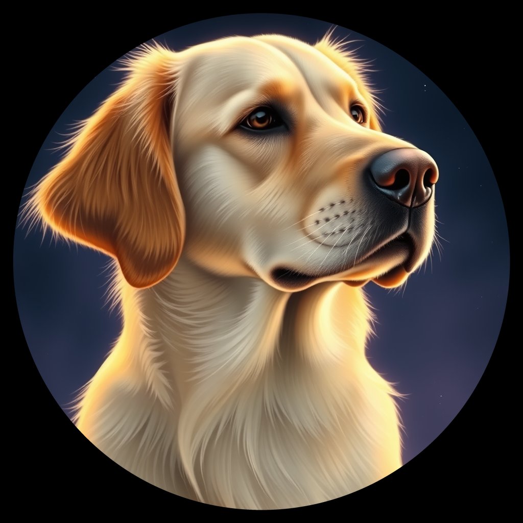 Cosmic medallion portrait of GRLS_grlsSFUEOB22, a Golden Retriever