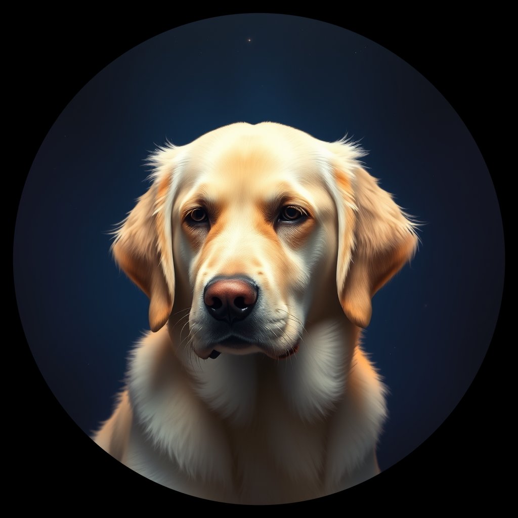 Cosmic medallion portrait of GRLS_grlsSGMC3CC, a Golden Retriever