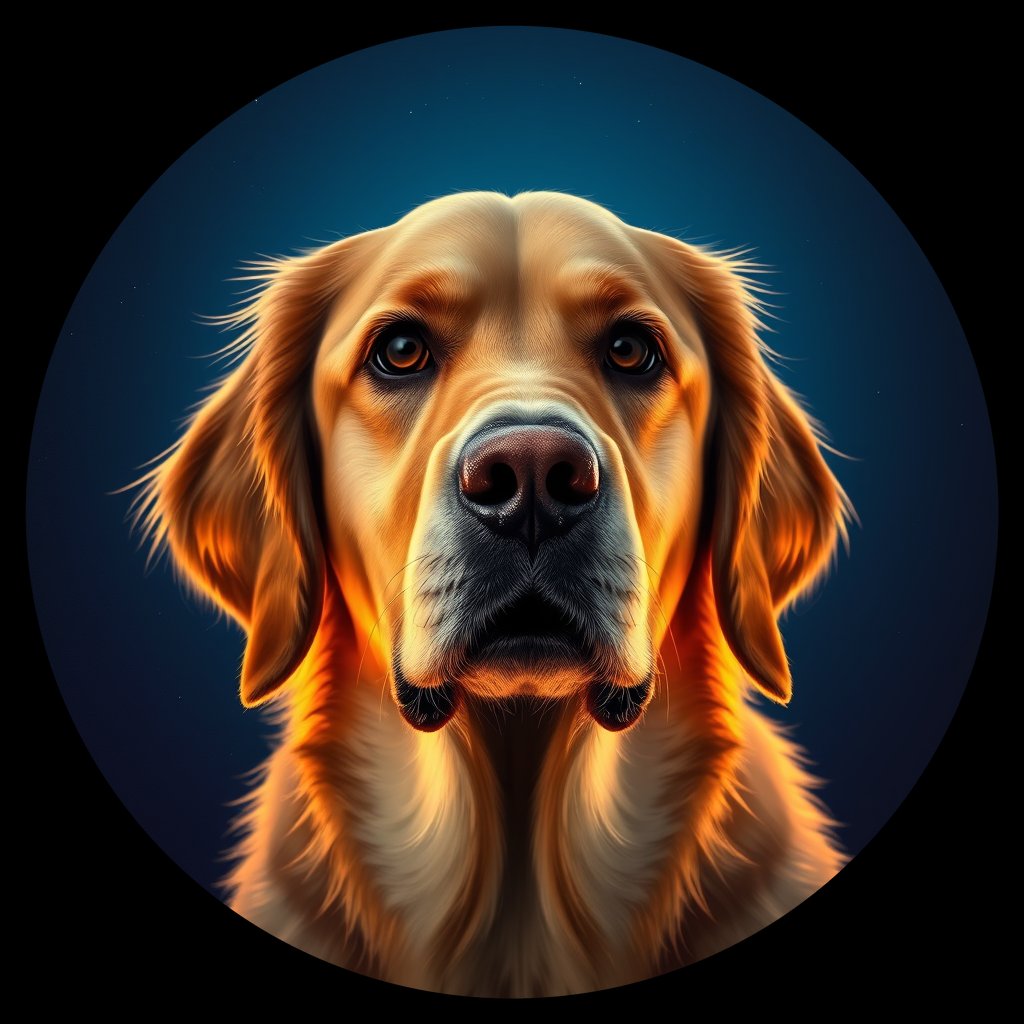 Cosmic medallion portrait of GRLS_grlsSH7J89BB, a Golden Retriever