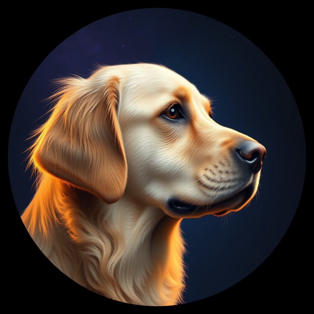 Cosmic medallion portrait of GRLS_grlsSIHXOLII, a Golden Retriever