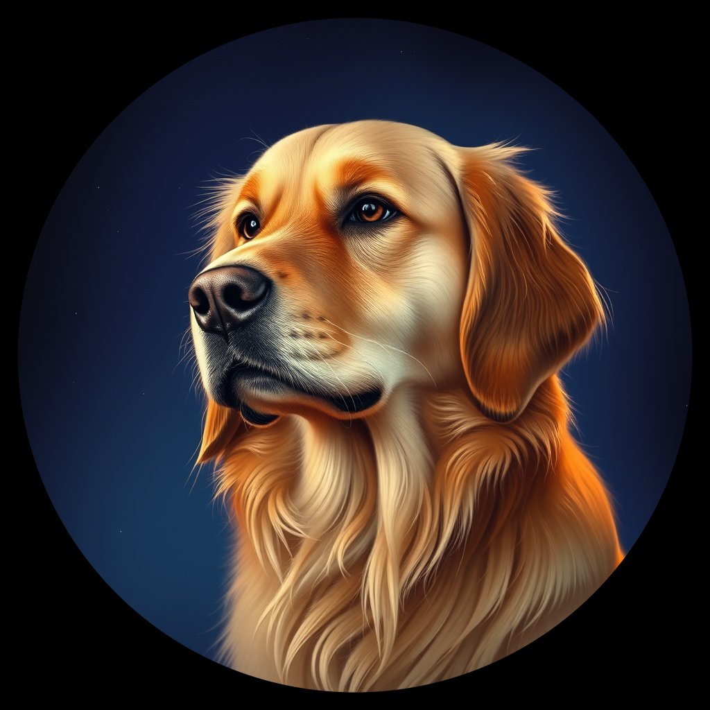 Cosmic medallion portrait of GRLS_grlsSIXR2RMM, a Golden Retriever