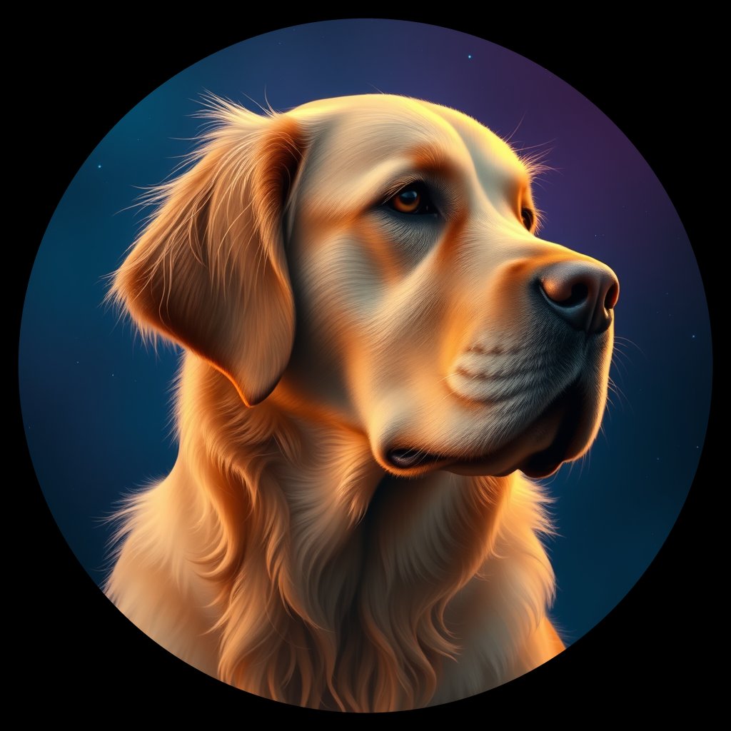 Cosmic medallion portrait of GRLS_grlsSPUWEPWW, a Golden Retriever