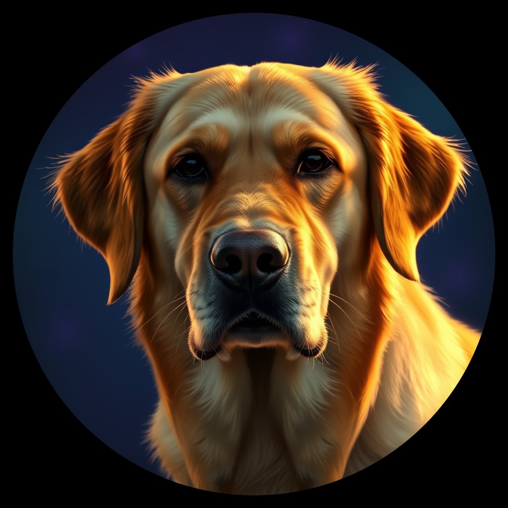 Cosmic medallion portrait of GRLS_grlsSSZ8O6EE, a Golden Retriever