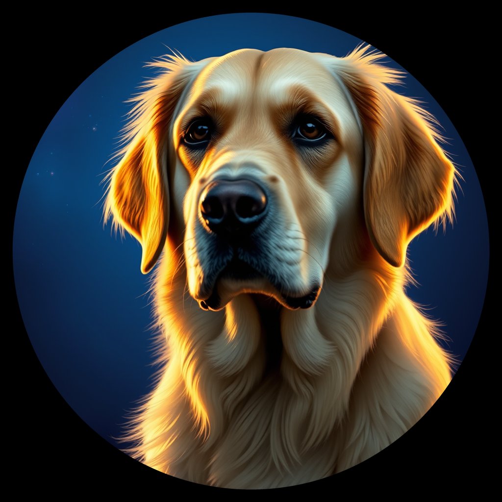 Cosmic medallion portrait of GRLS_grlsSUEKOKJJ, a Golden Retriever
