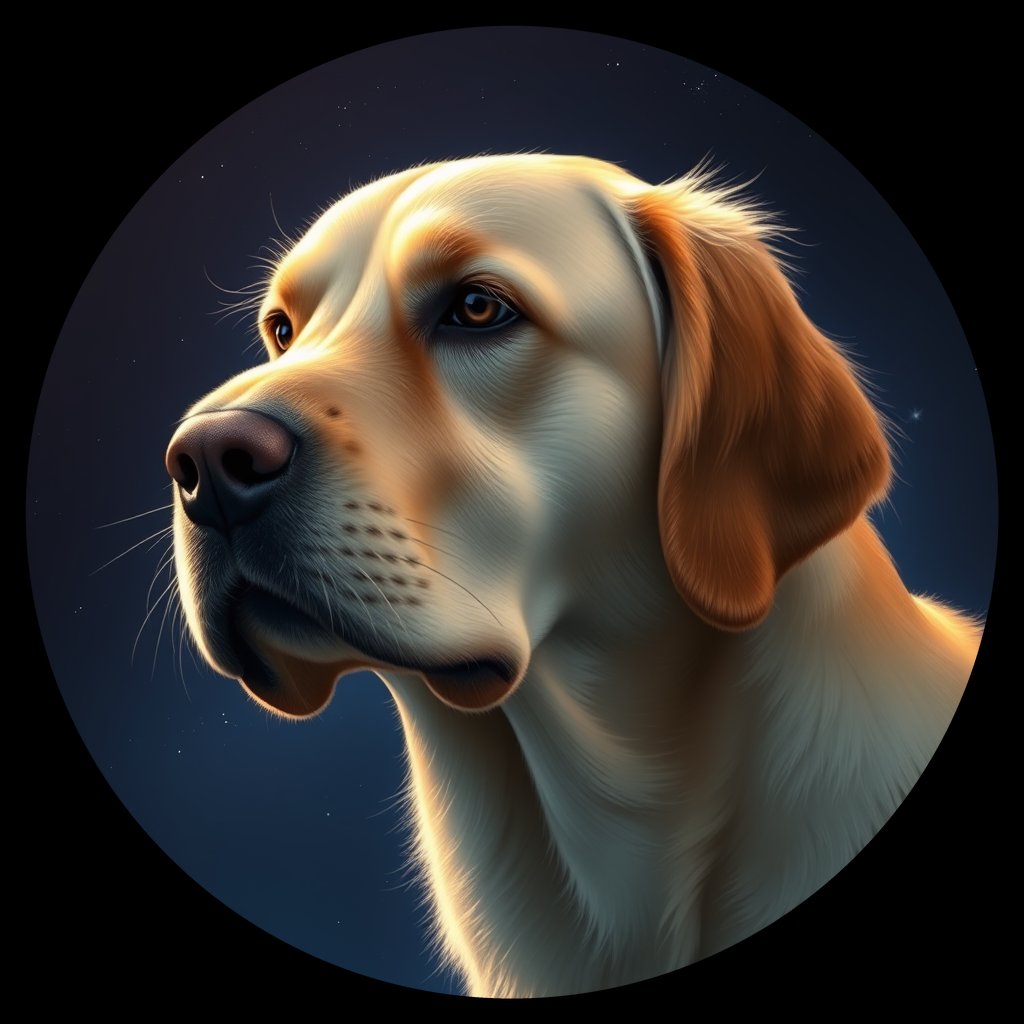 Cosmic medallion portrait of GRLS_grlsSXQXGEZZ, a Golden Retriever