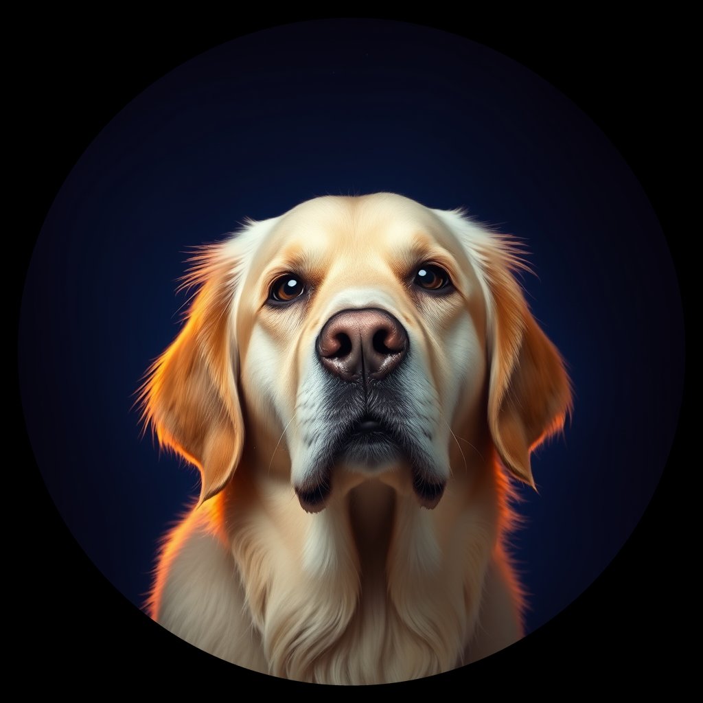 Cosmic medallion portrait of GRLS_grlsSYFLK1II, a Golden Retriever
