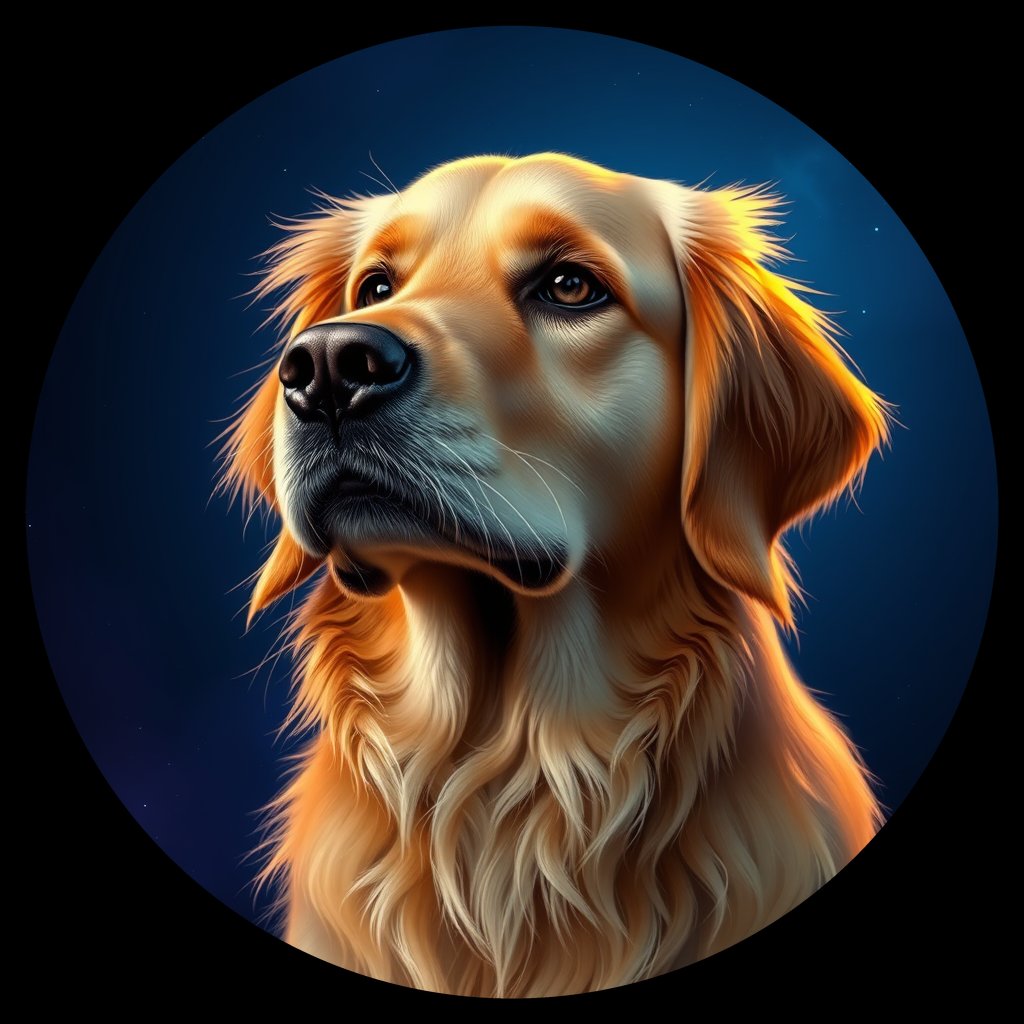 Cosmic medallion portrait of GRLS_grlsSYI9RTQQ, a Golden Retriever