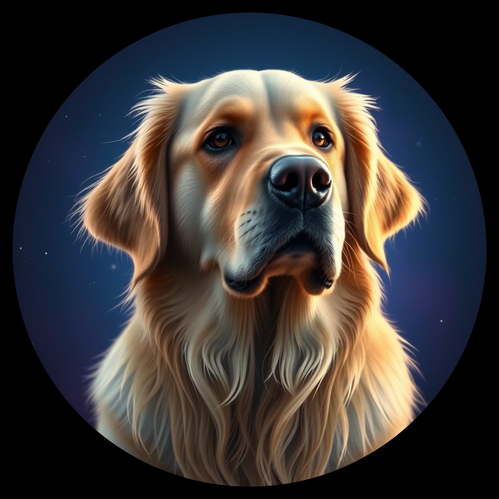 Cosmic medallion portrait of GRLS_grlsSZWUUXUU, a Golden Retriever