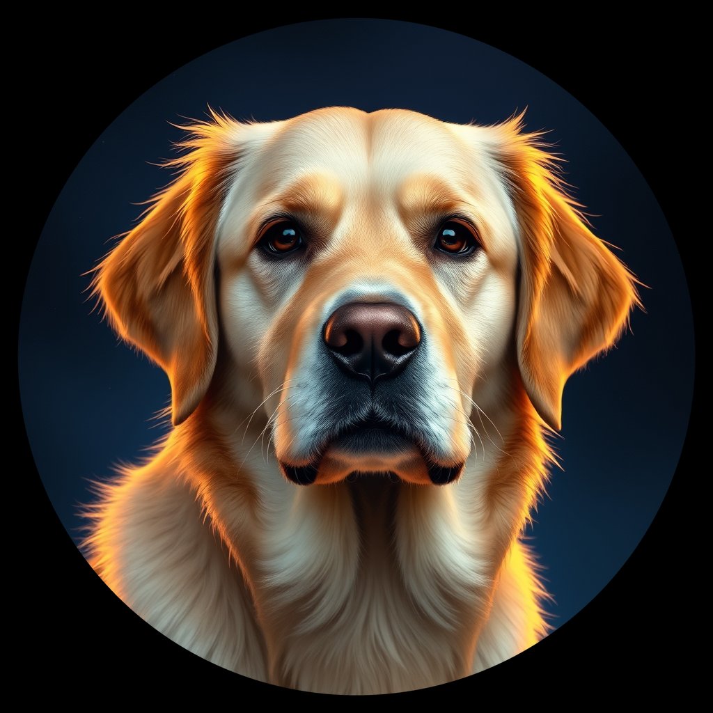 Cosmic medallion portrait of GRLS_grlsT4M7GGFF, a Golden Retriever
