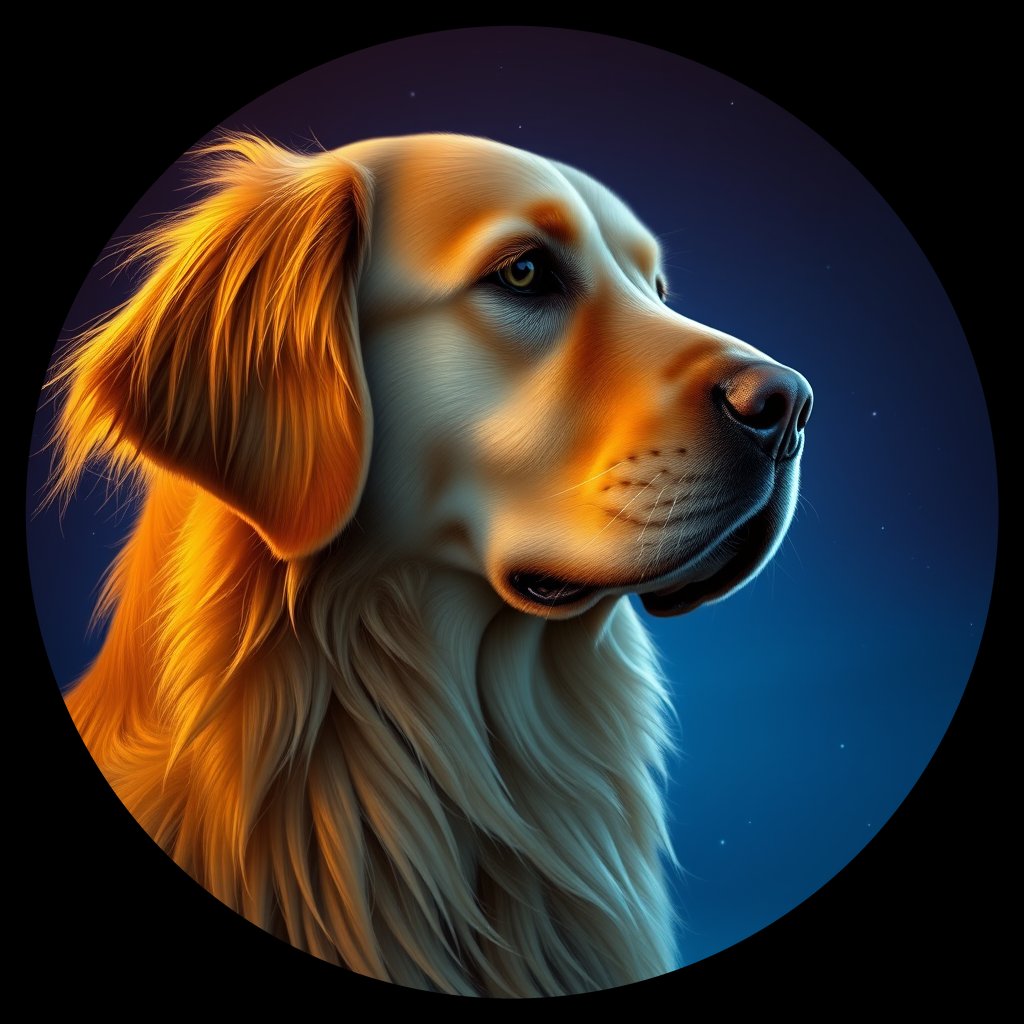 Cosmic medallion portrait of GRLS_grlsT54AUYOO, a Golden Retriever