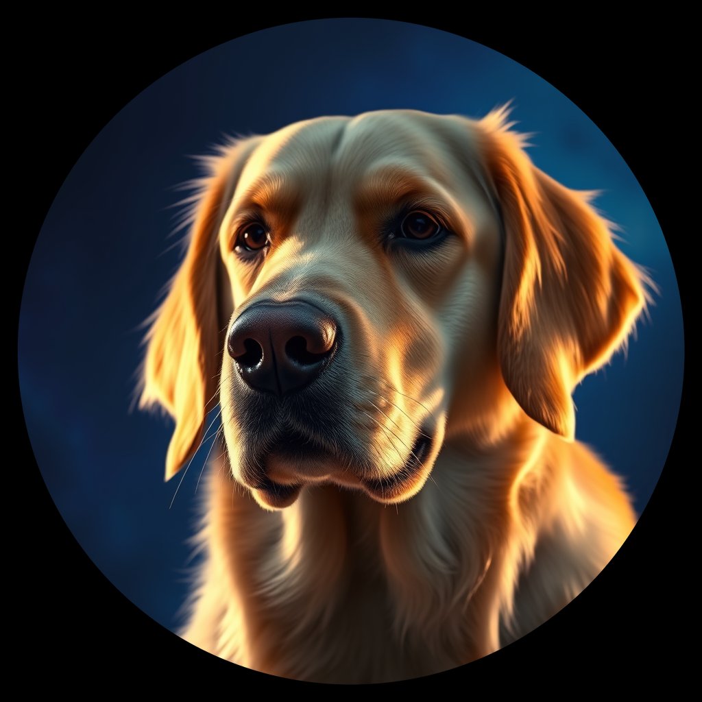 Cosmic medallion portrait of GRLS_grlsT54MH6FF, a Golden Retriever