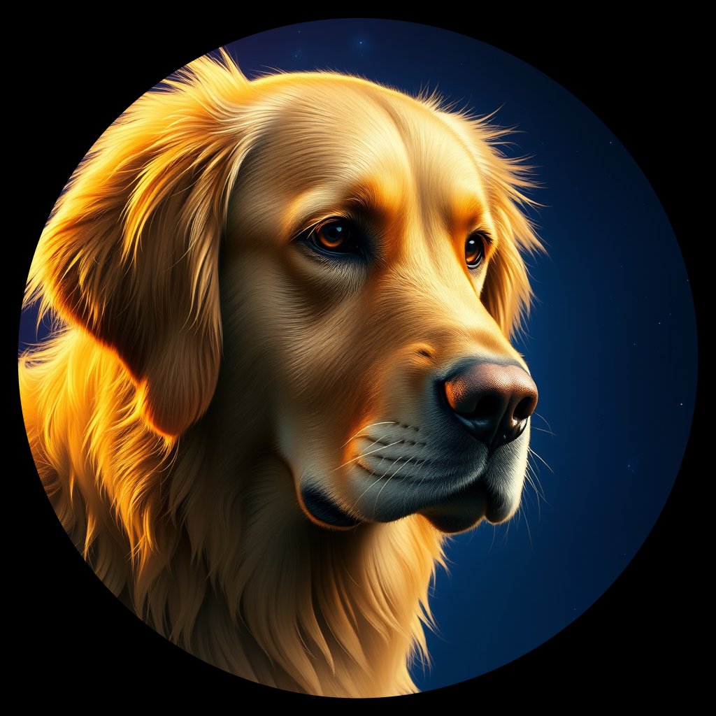 Cosmic medallion portrait of GRLS_grlsT57LG9GG, a Golden Retriever