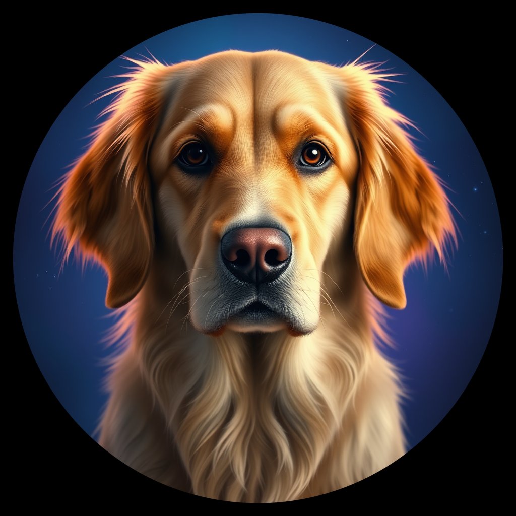 Cosmic medallion portrait of GRLS_grlsT5LCA7BB, a Golden Retriever