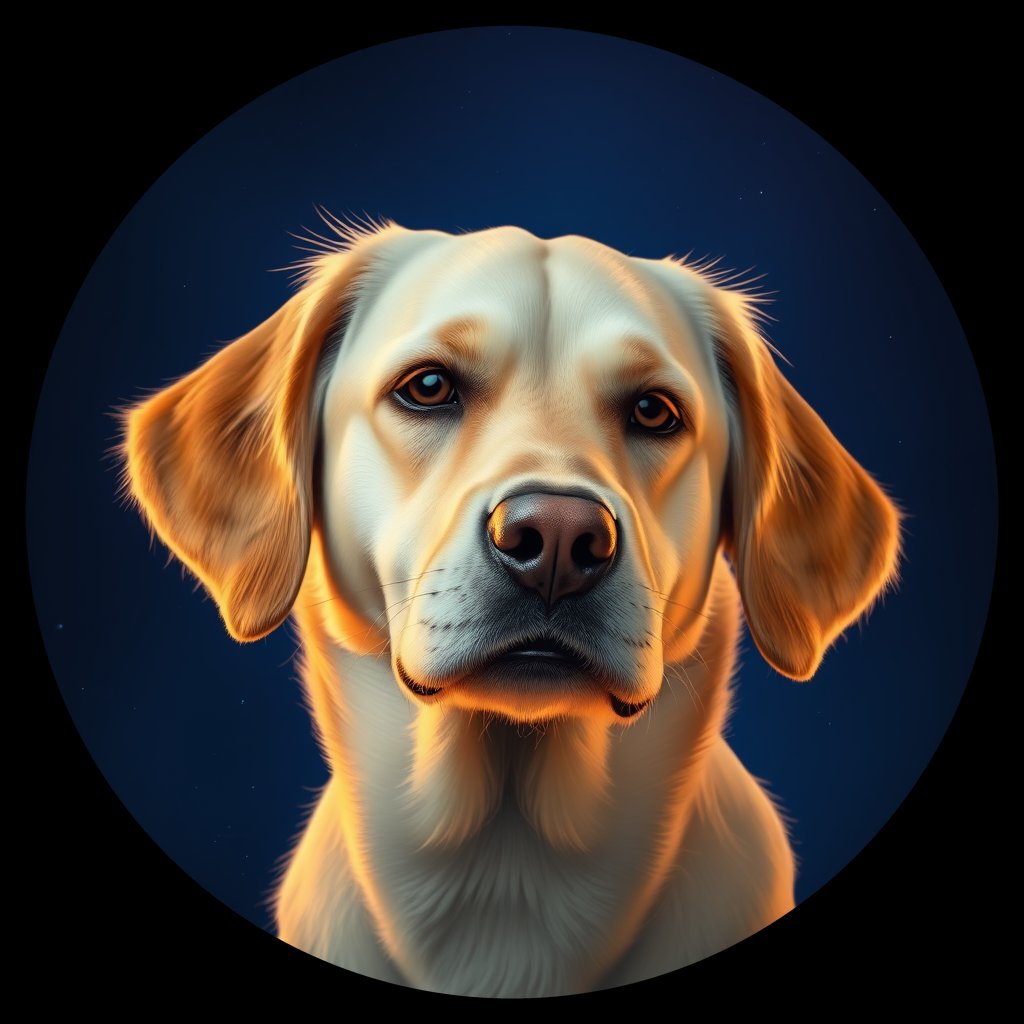 Cosmic medallion portrait of GRLS_grlsT5Z3CLL, a Golden Retriever
