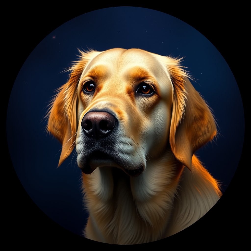 Cosmic medallion portrait of GRLS_grlsT9IMZ5JJ, a Golden Retriever