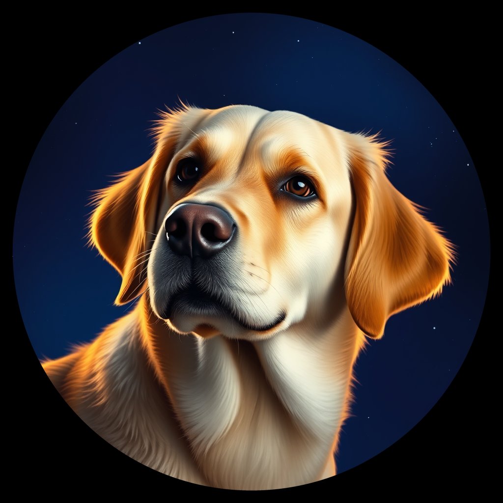 Cosmic medallion portrait of GRLS_grlsTBZUF3GG, a Golden Retriever