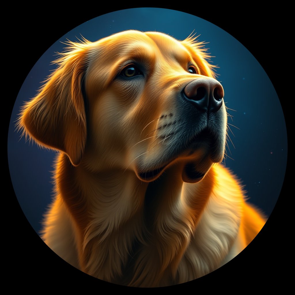 Cosmic medallion portrait of GRLS_grlsTE8Q40BB, a Golden Retriever