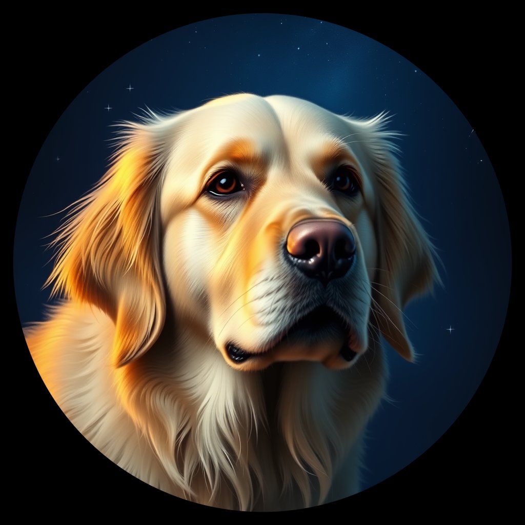 Cosmic medallion portrait of GRLS_grlsTEW2GPP, a Golden Retriever