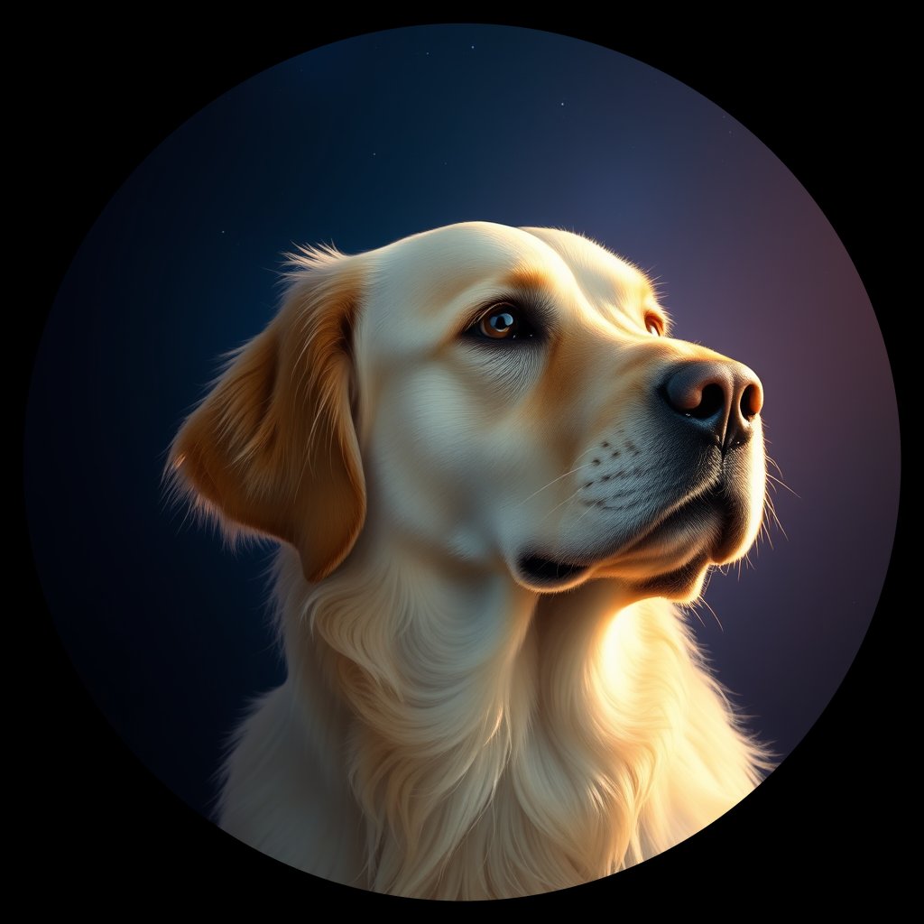 Cosmic medallion portrait of GRLS_grlsTHNYIQ99, a Golden Retriever