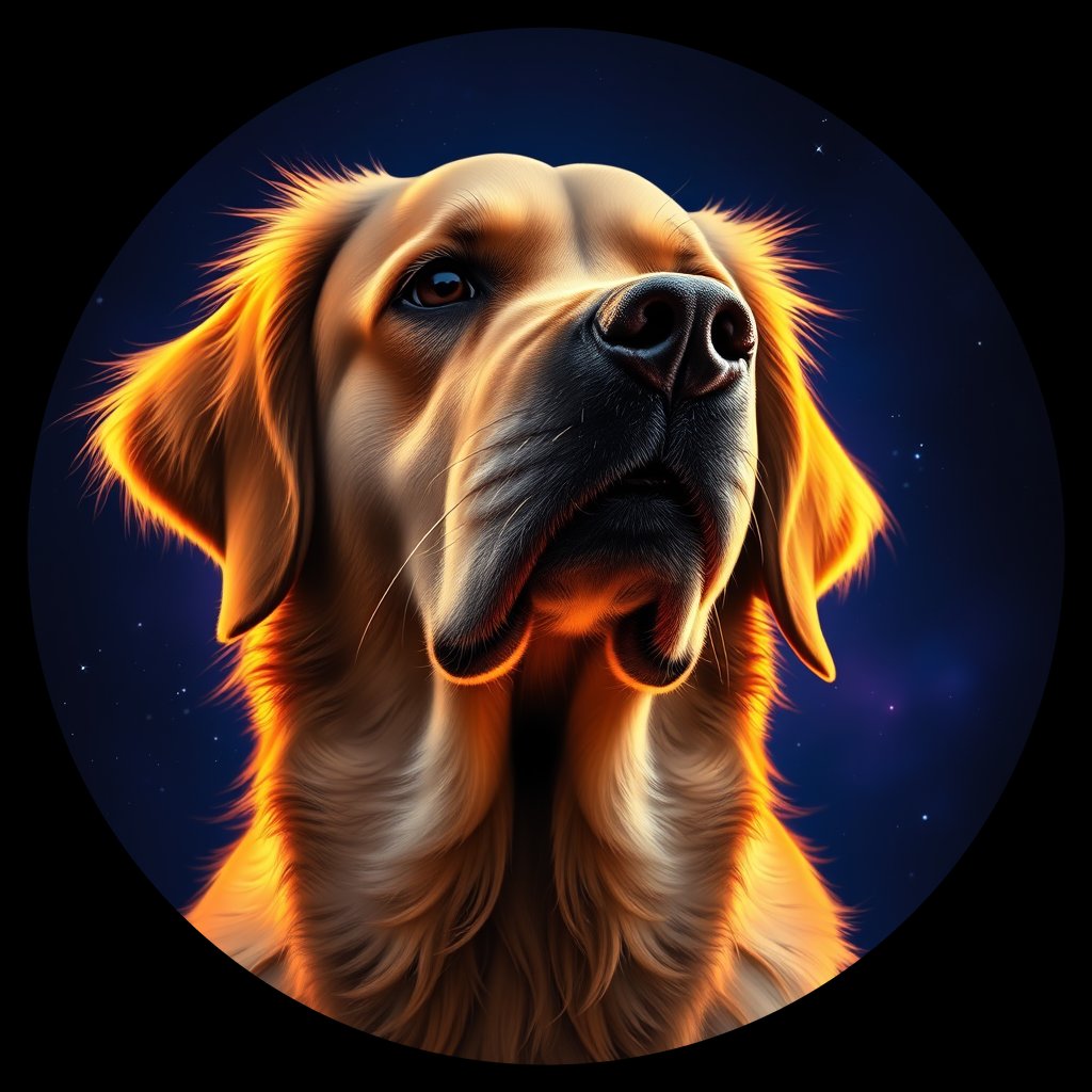 Cosmic medallion portrait of GRLS_grlsTHY3N166, a Golden Retriever