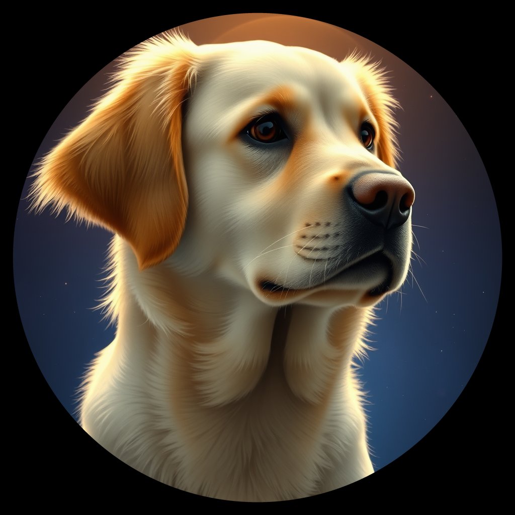 Cosmic medallion portrait of GRLS_grlsTIM0LS55, a Golden Retriever
