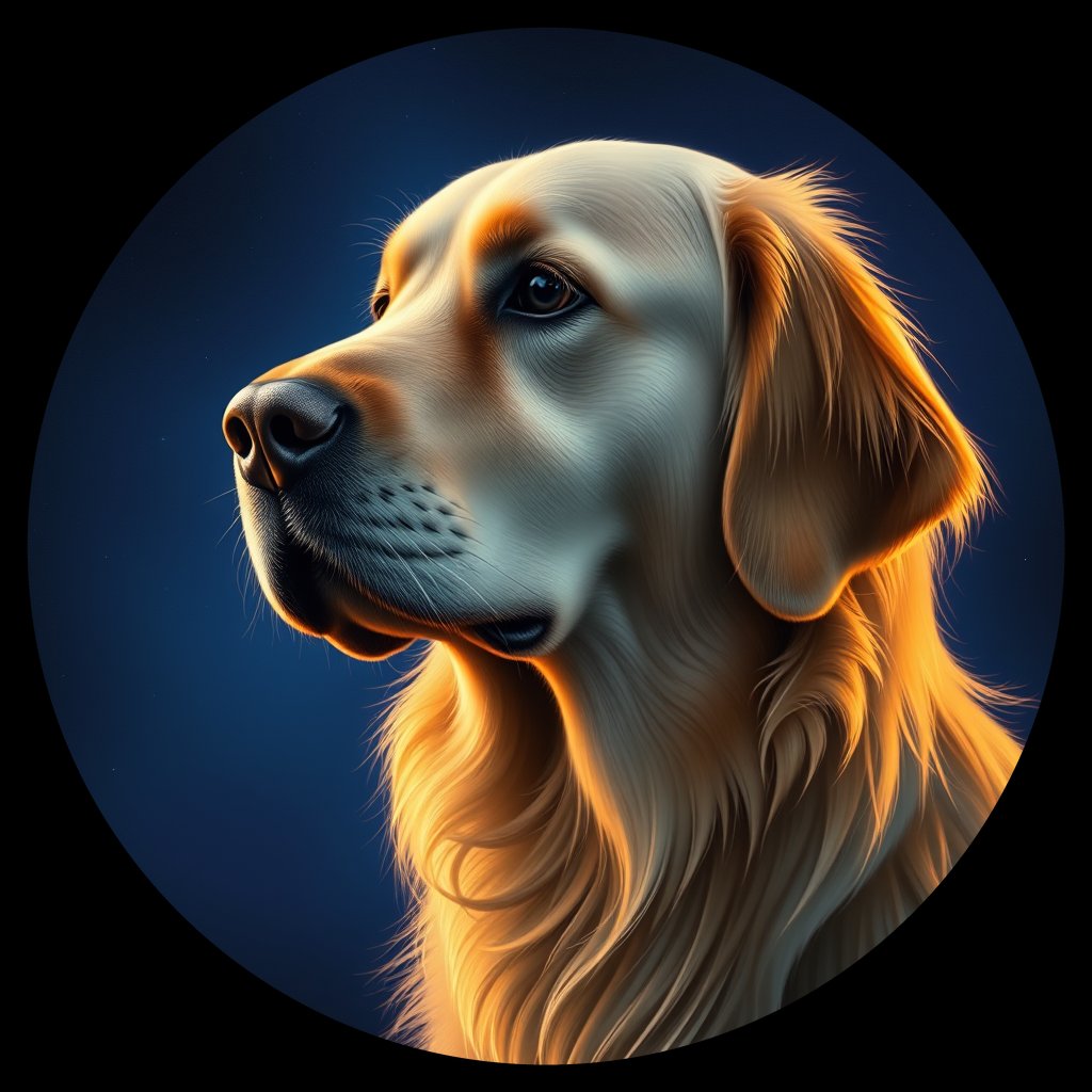 Cosmic medallion portrait of GRLS_grlsTJBCRIUU, a Golden Retriever