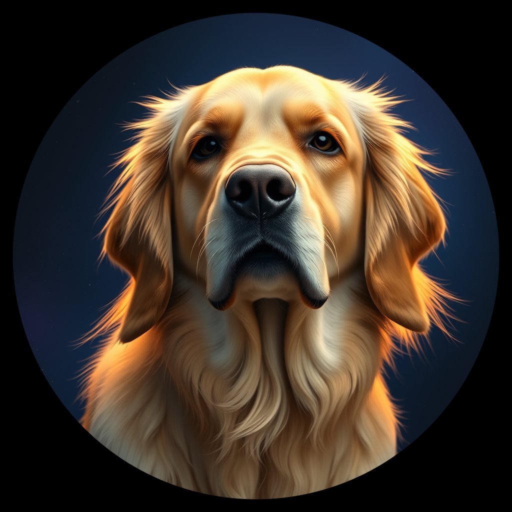 Cosmic medallion portrait of GRLS_grlsTJOF8B11, a Golden Retriever