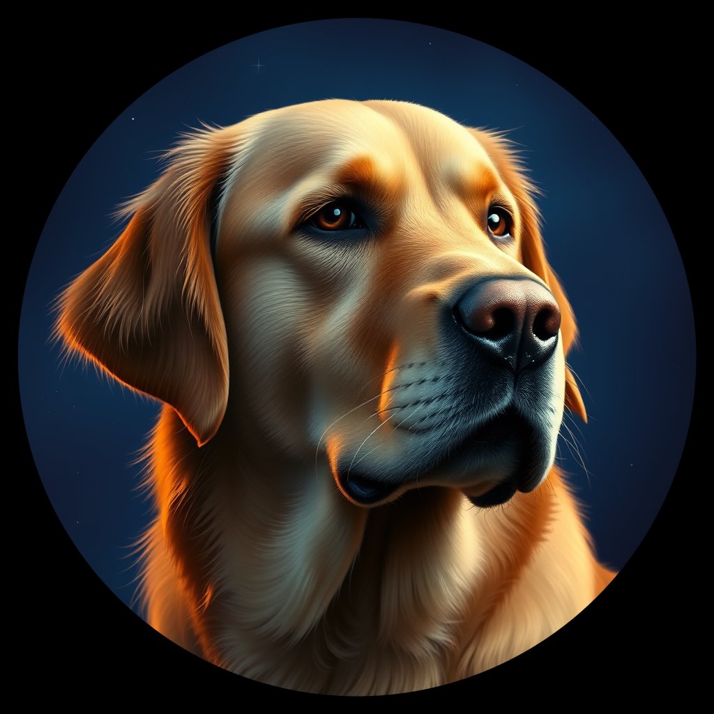 Cosmic medallion portrait of GRLS_grlsTKCRI2OO, a Golden Retriever
