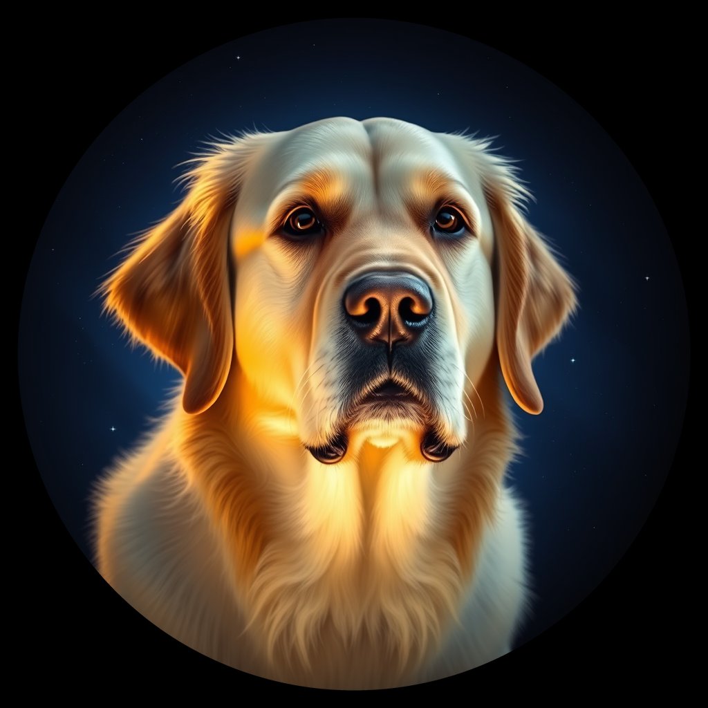 Cosmic medallion portrait of GRLS_grlsTKN0KIDD, a Golden Retriever
