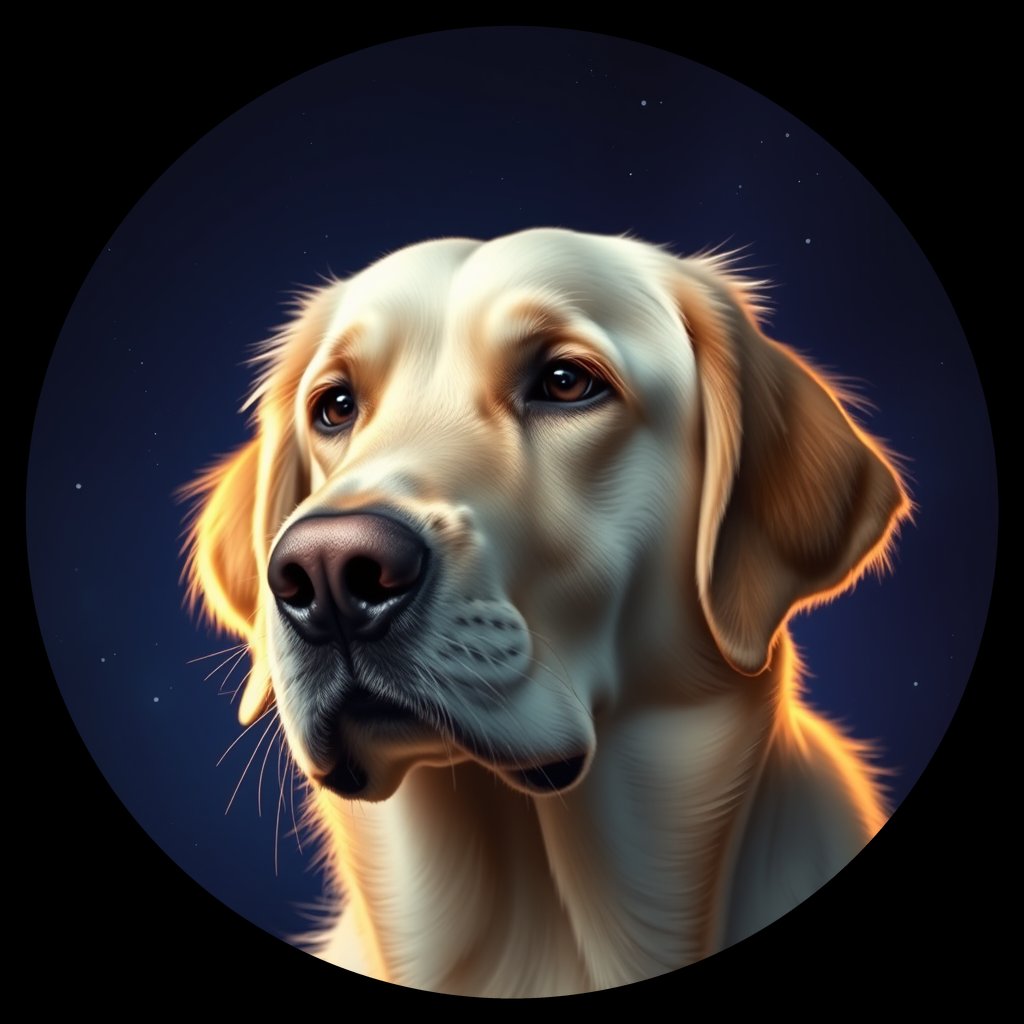 Cosmic medallion portrait of GRLS_grlsTM2KR9LL, a Golden Retriever