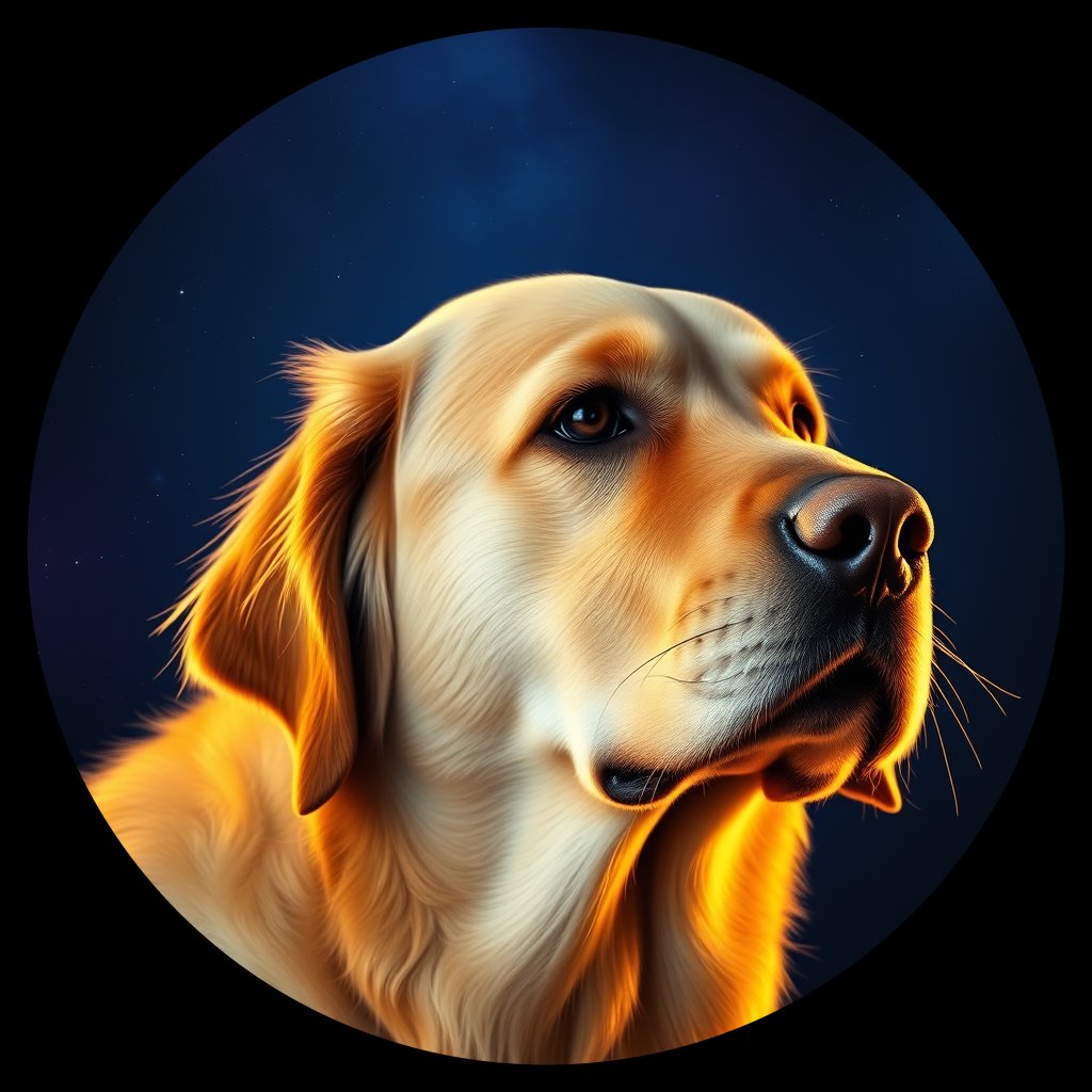 Cosmic medallion portrait of GRLS_grlsTO409GSS, a Golden Retriever