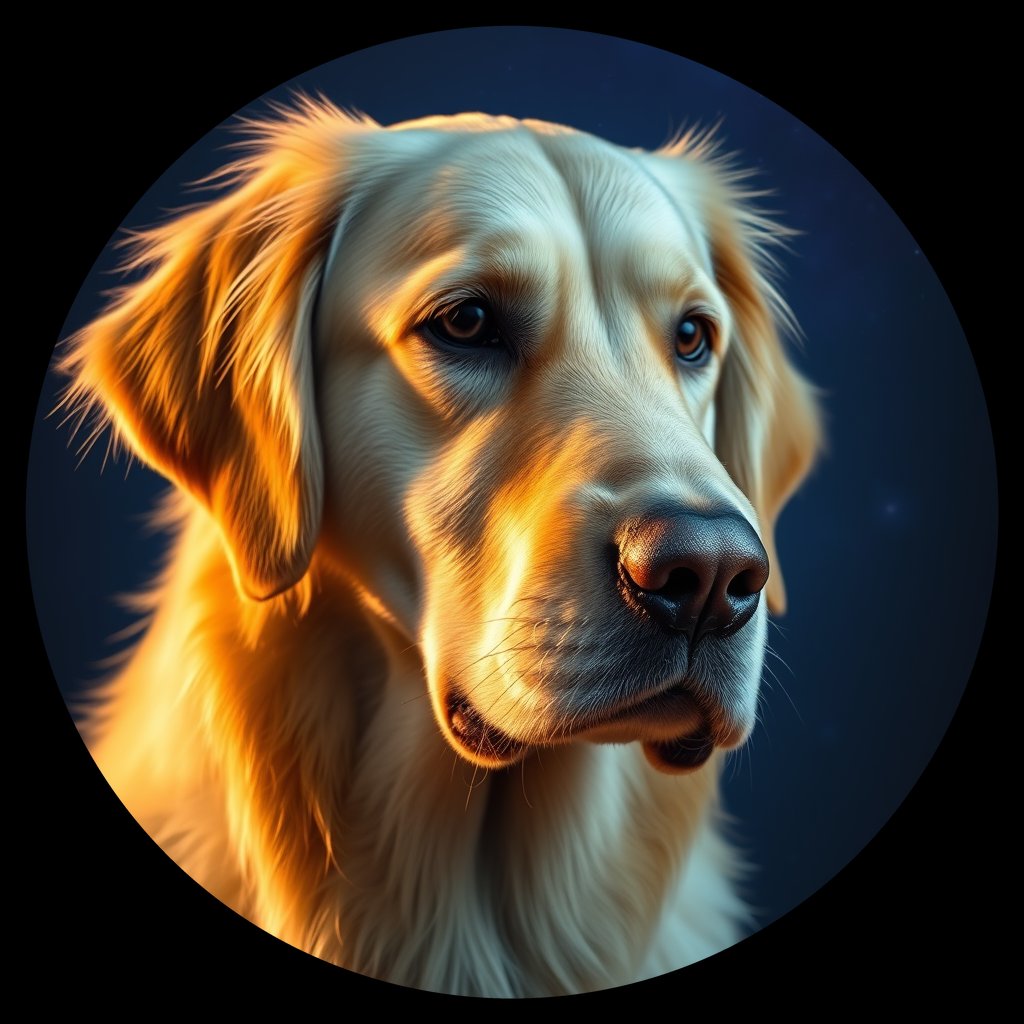 Cosmic medallion portrait of GRLS_grlsTQ10NHH, a Golden Retriever