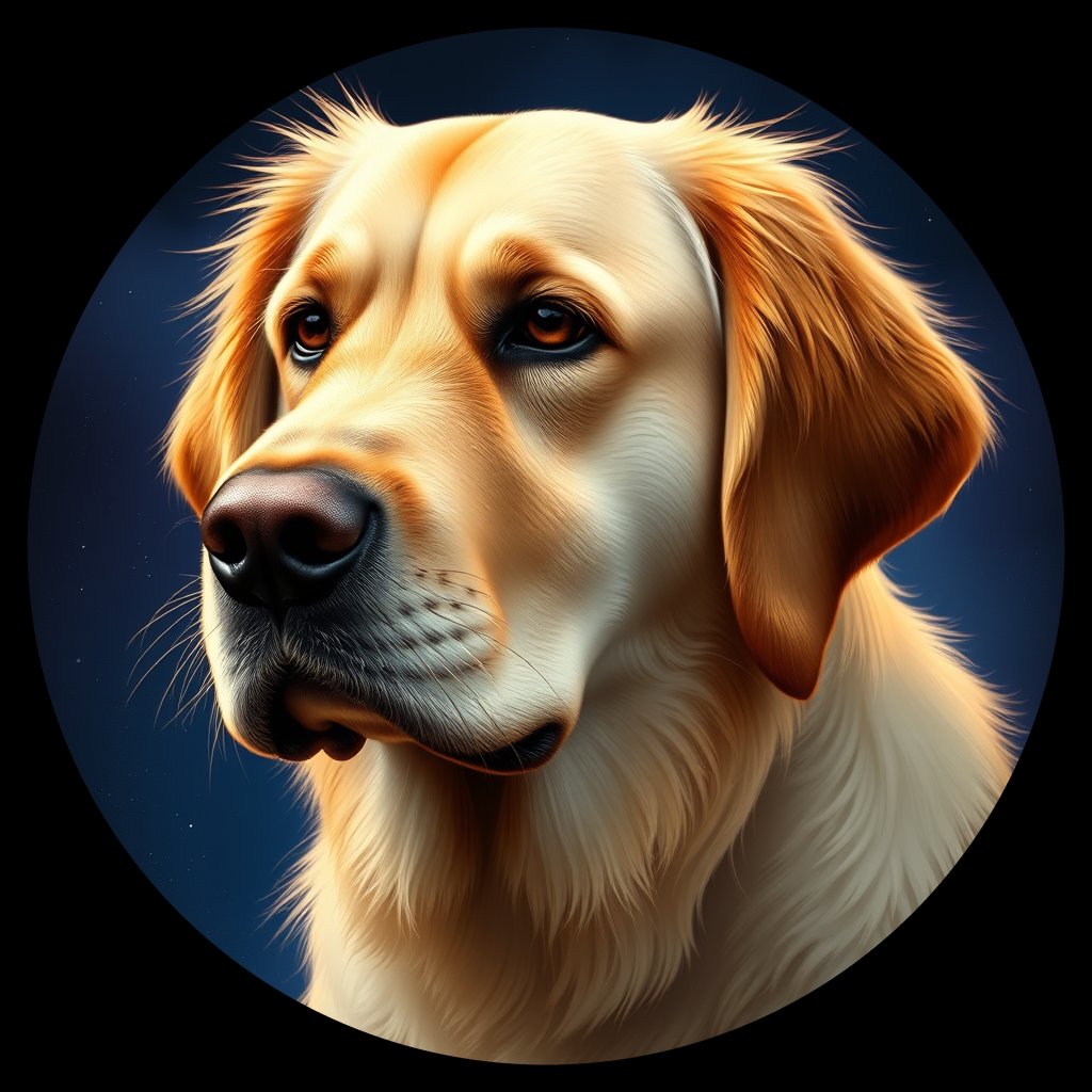 Cosmic medallion portrait of GRLS_grlsTS3DKNYY, a Golden Retriever