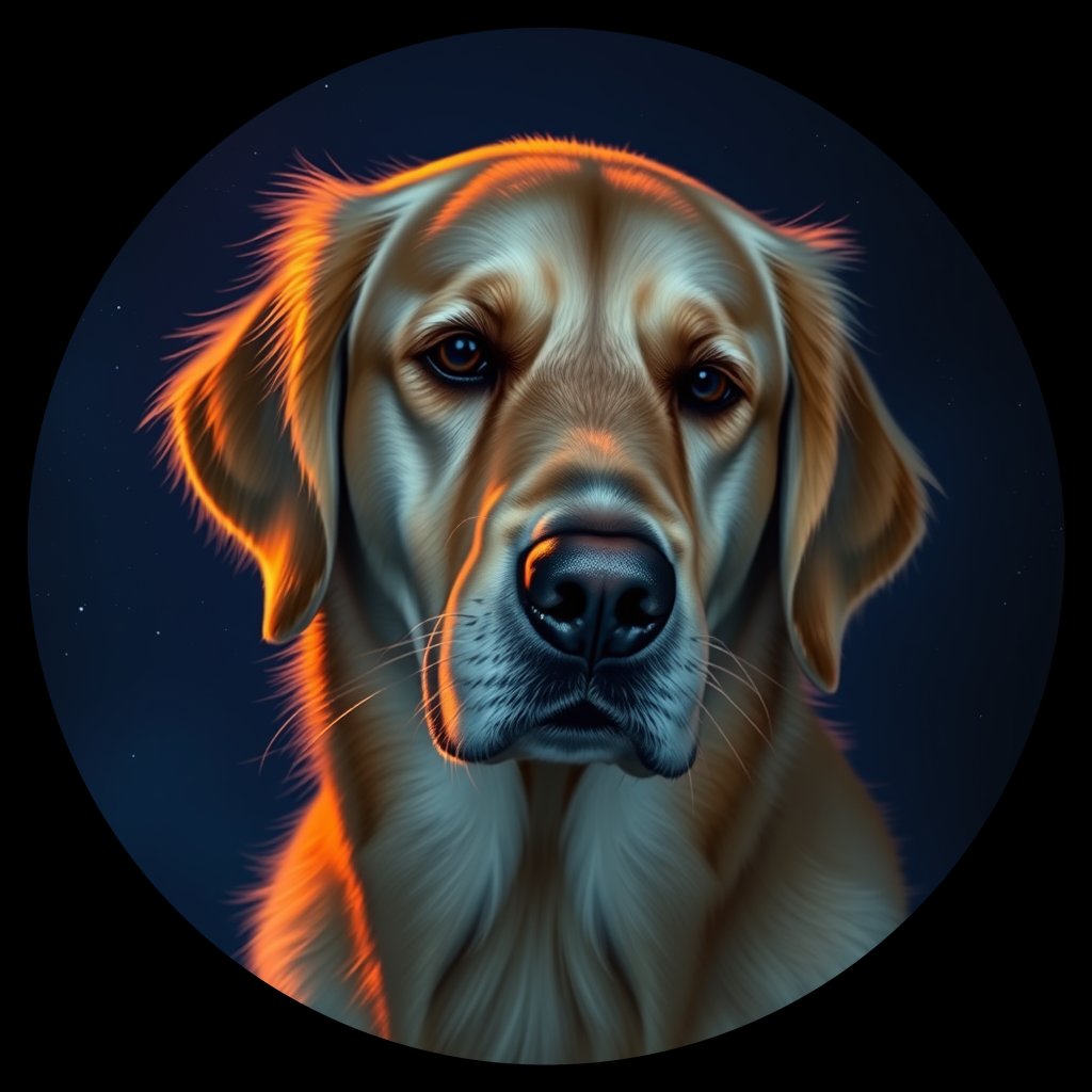 Cosmic medallion portrait of GRLS_grlsTYFNBPP, a Golden Retriever