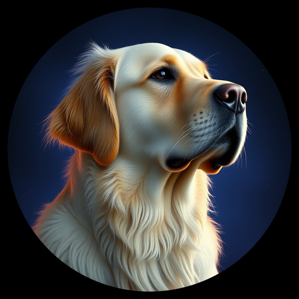 Cosmic medallion portrait of GRLS_grlsU02GKYQQ, a Golden Retriever