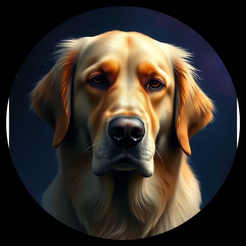 Cosmic medallion portrait of GRLS_grlsU0QWVLMM, a Golden Retriever