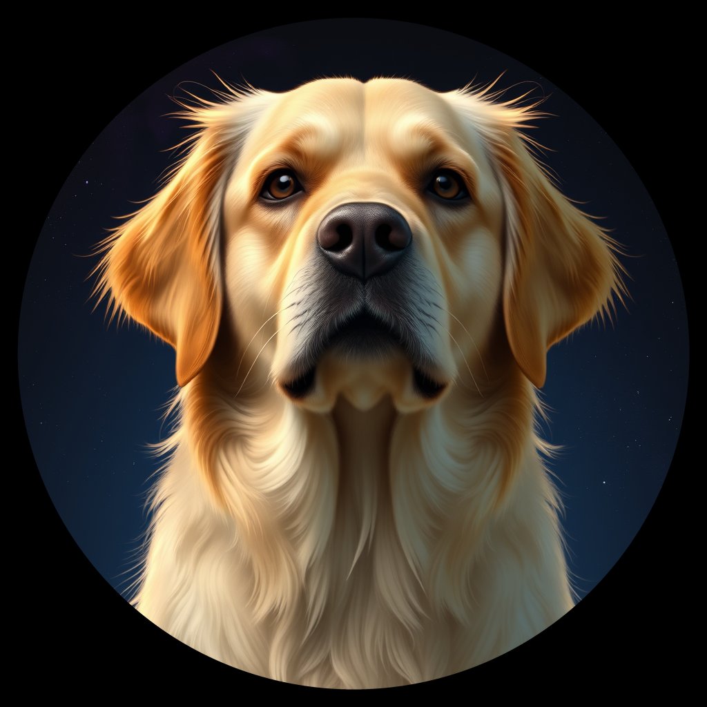Cosmic medallion portrait of GRLS_grlsU2A1VSGG, a Golden Retriever