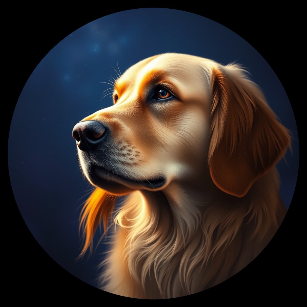 Cosmic medallion portrait of GRLS_grlsU6KIHA77, a Golden Retriever